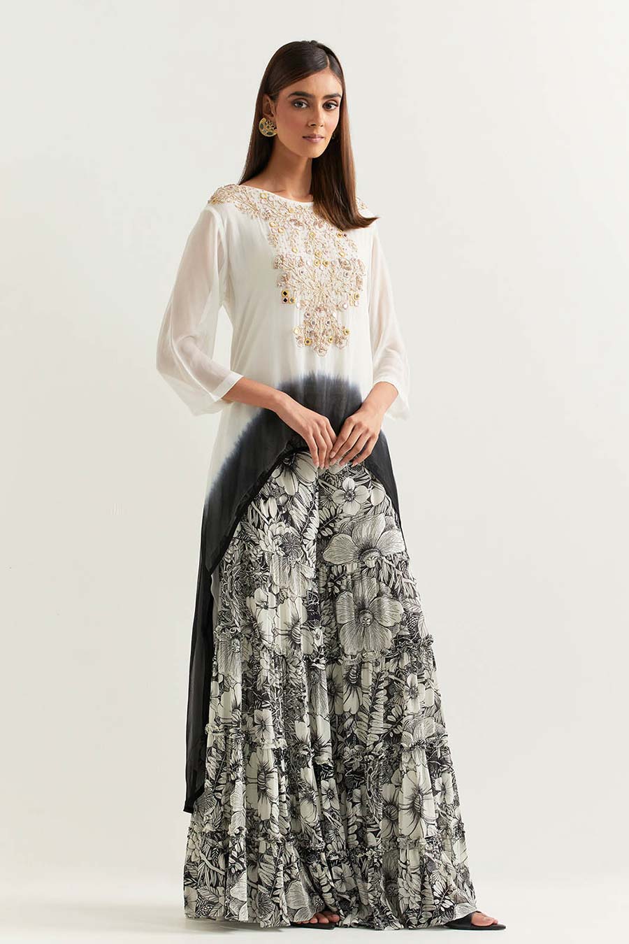 Black & White Embroidered Tunic With Printed Gharara