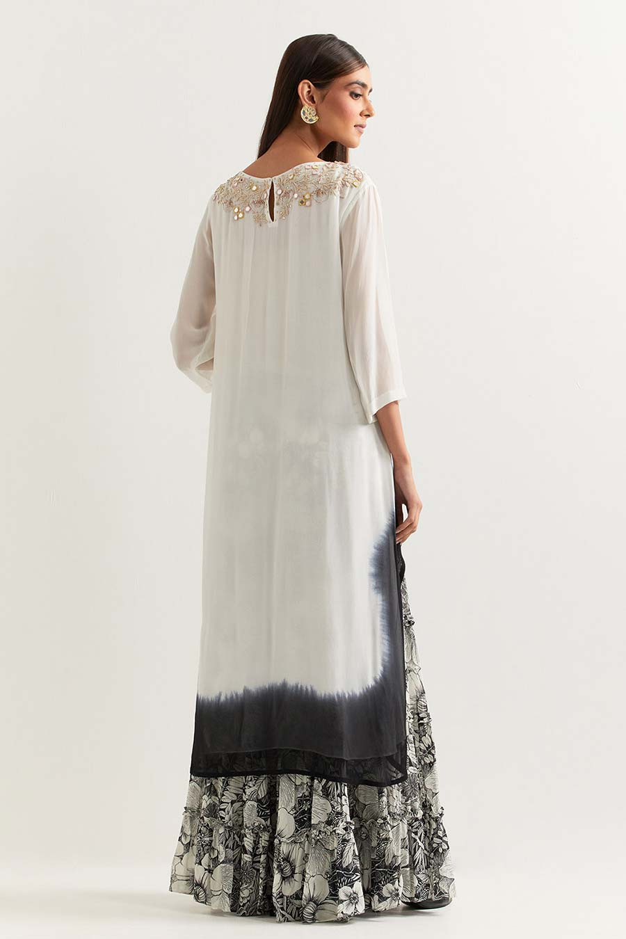 Black & White Embroidered Tunic With Printed Gharara