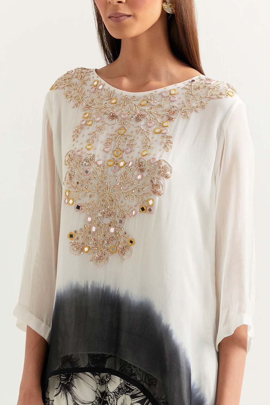 Black & White Embroidered Tunic With Printed Gharara