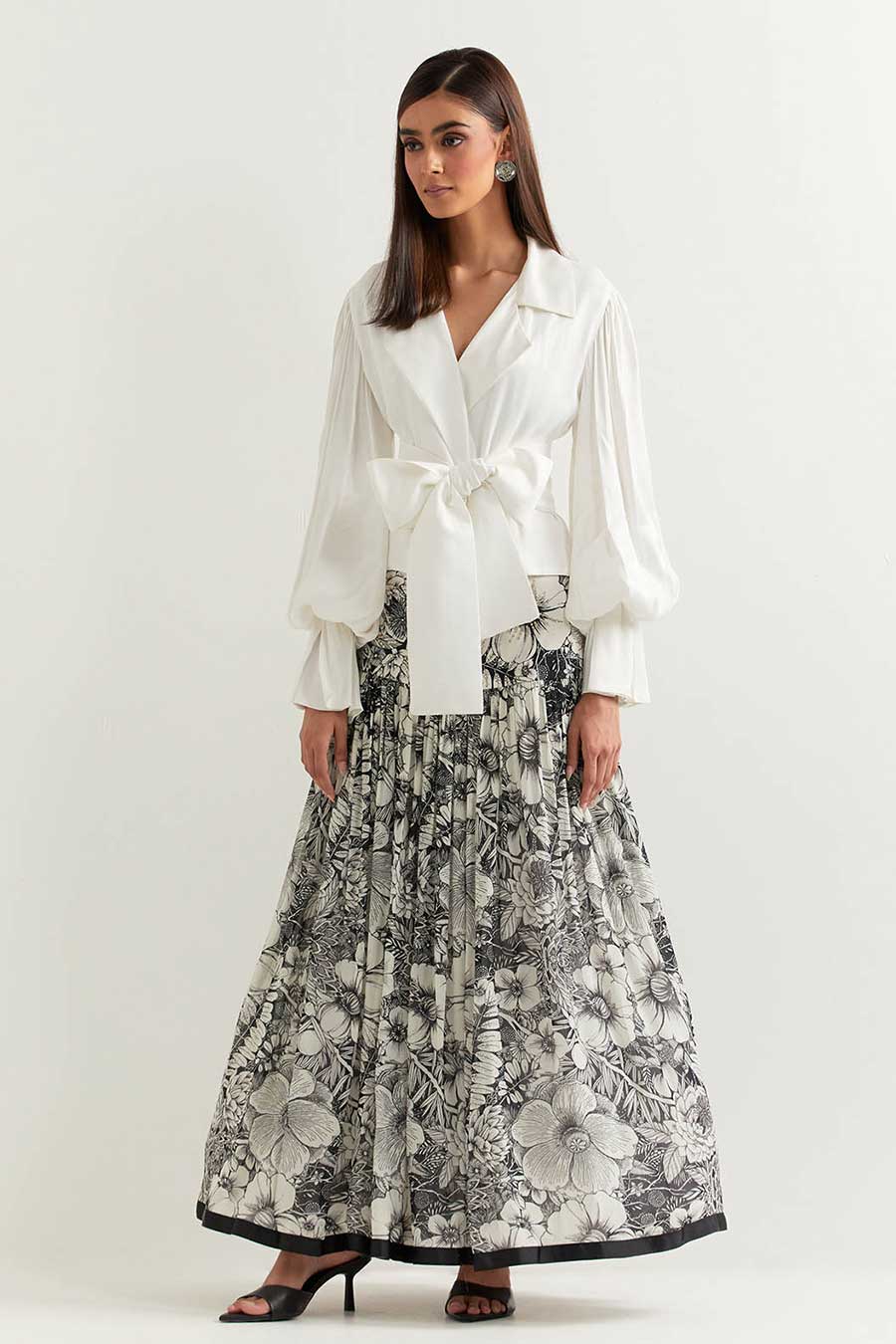 White Satin Top With Black & White Printed Skirt