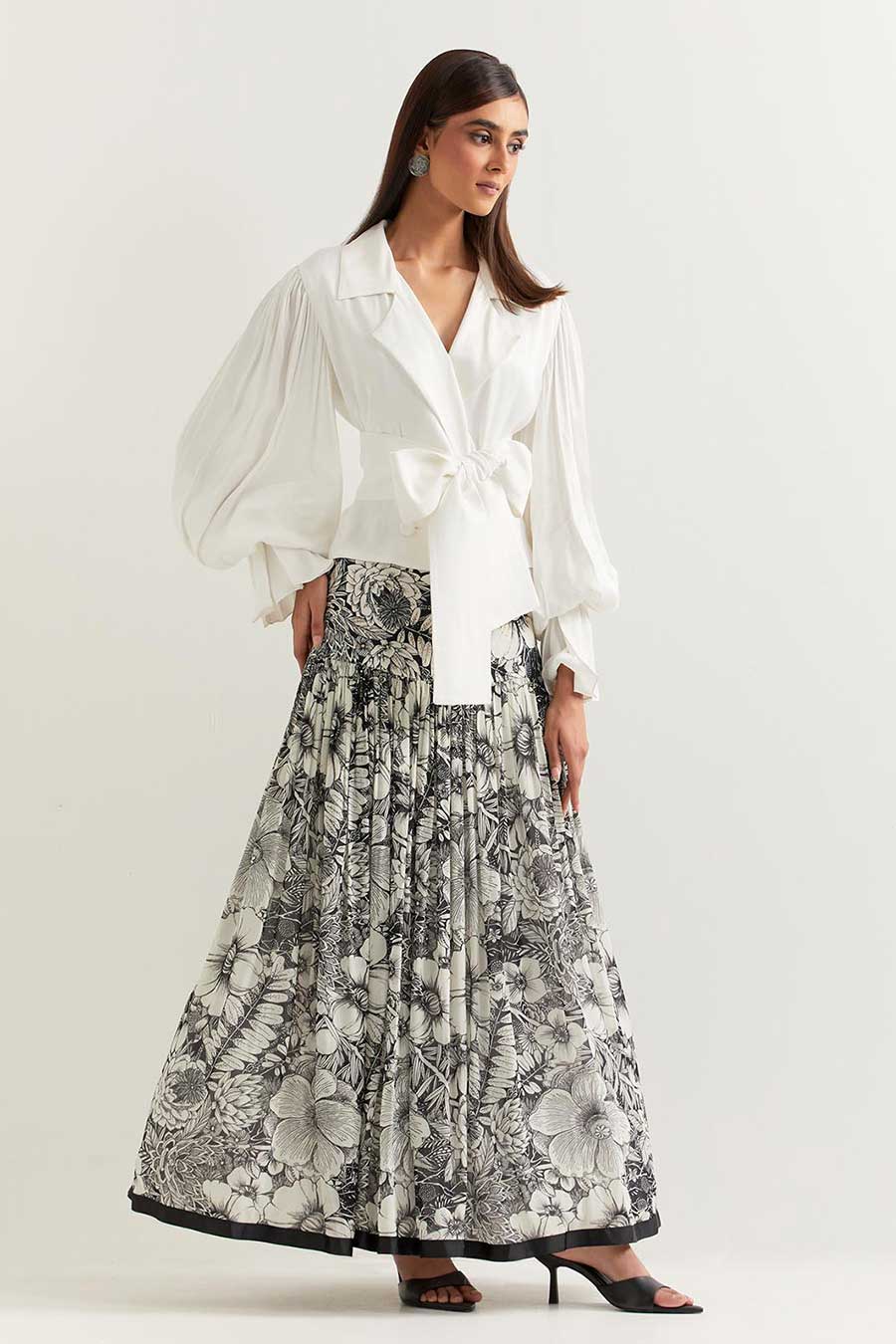 White Satin Top With Black & White Printed Skirt