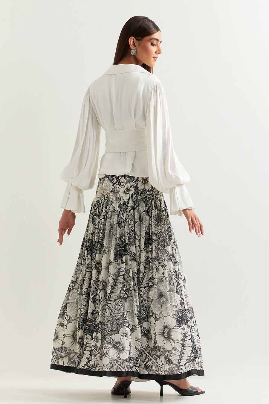 White Satin Top With Black & White Printed Skirt