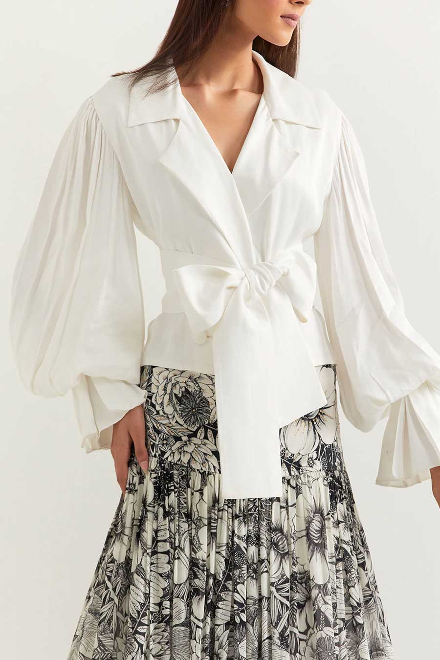 White Satin Top With Black & White Printed Skirt