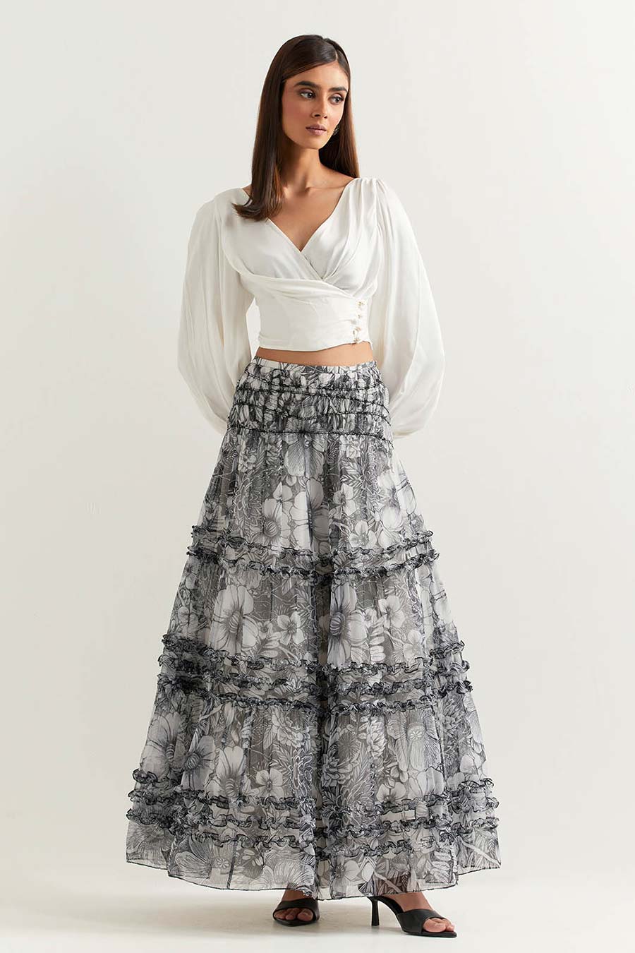 Ivory Crop Top & Printed Organza Skirt Set