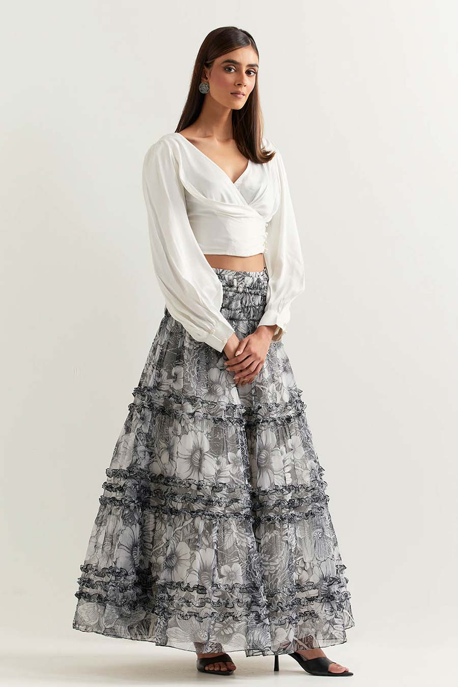 Ivory Crop Top & Printed Organza Skirt Set