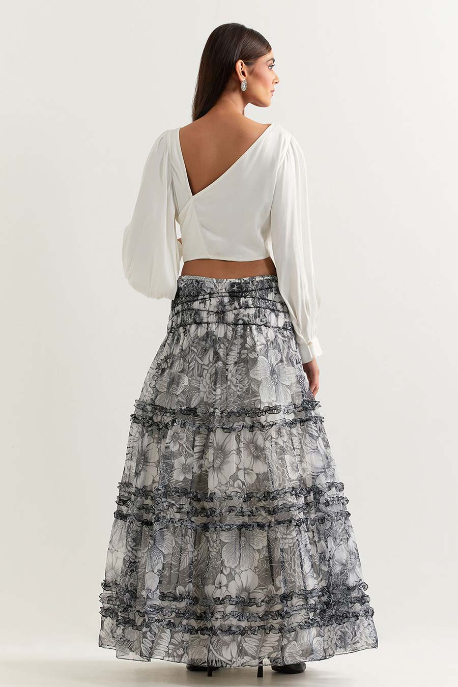 Ivory Crop Top & Printed Organza Skirt Set