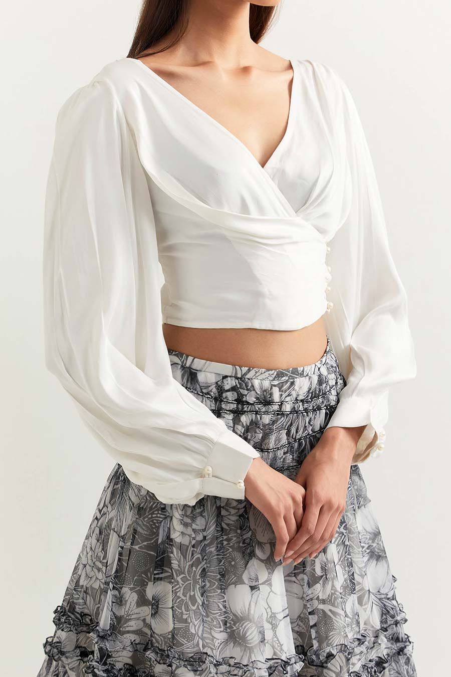 Ivory Crop Top & Printed Organza Skirt Set