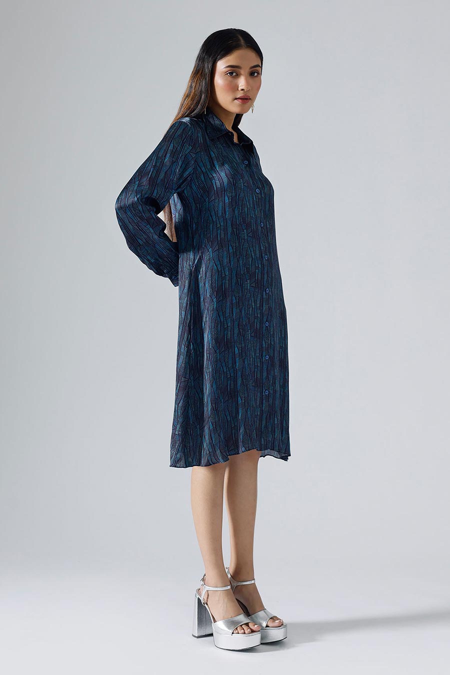 Cyan Printed Abstract Lines Shirt Dress