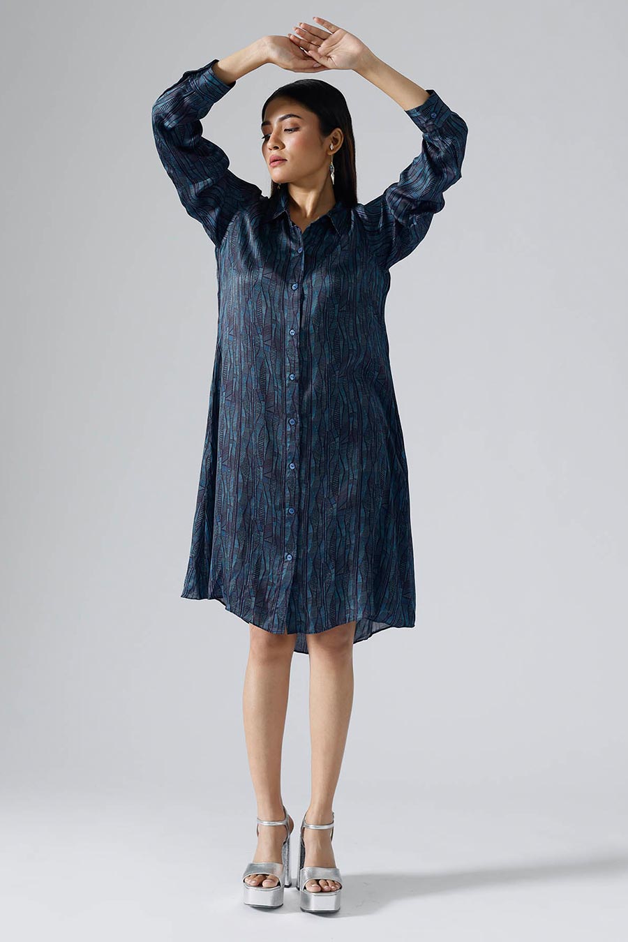 Cyan Printed Abstract Lines Shirt Dress