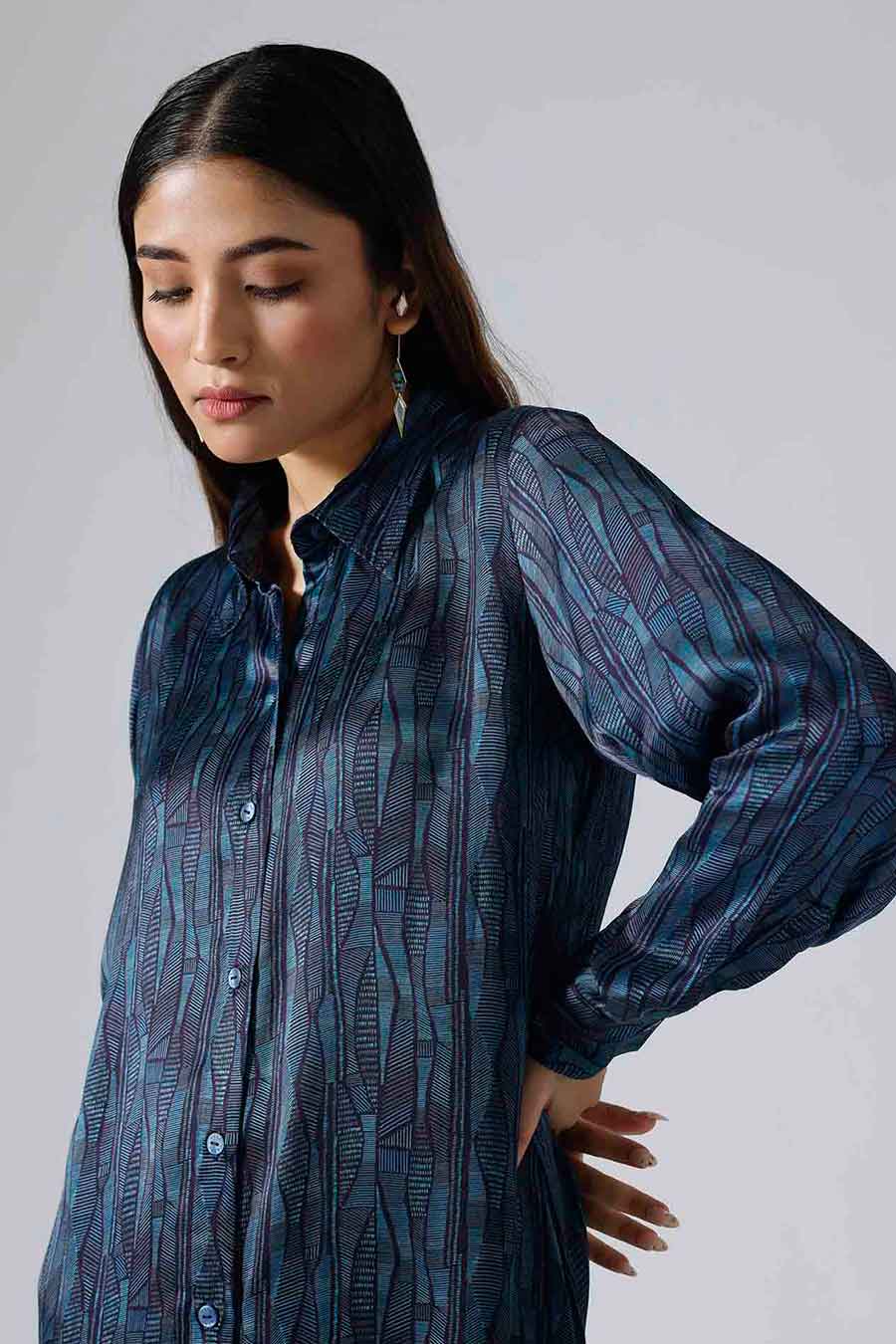 Cyan Printed Abstract Lines Shirt Dress