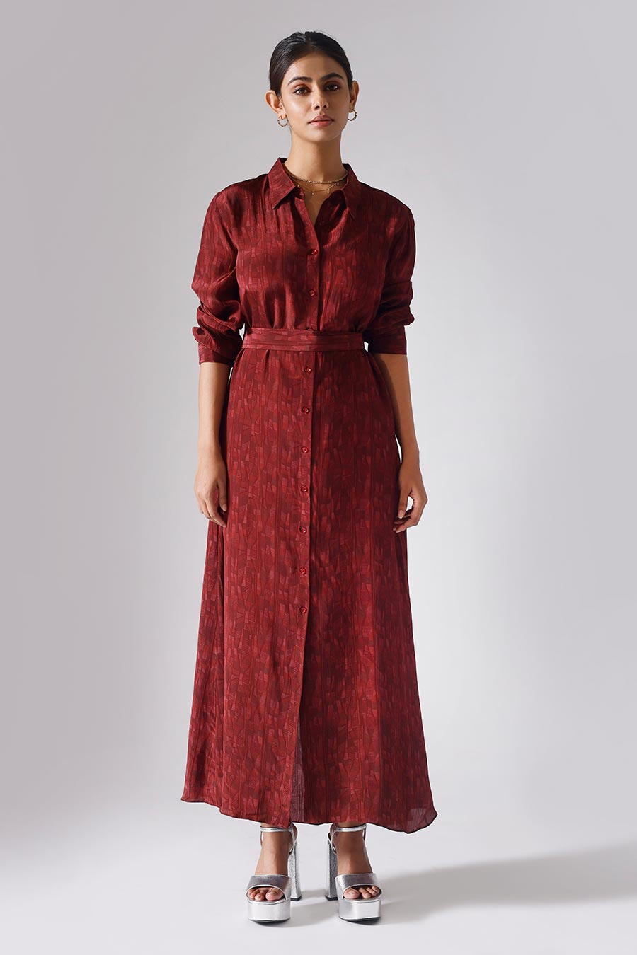Red Printed Abstract Lines Long Dress