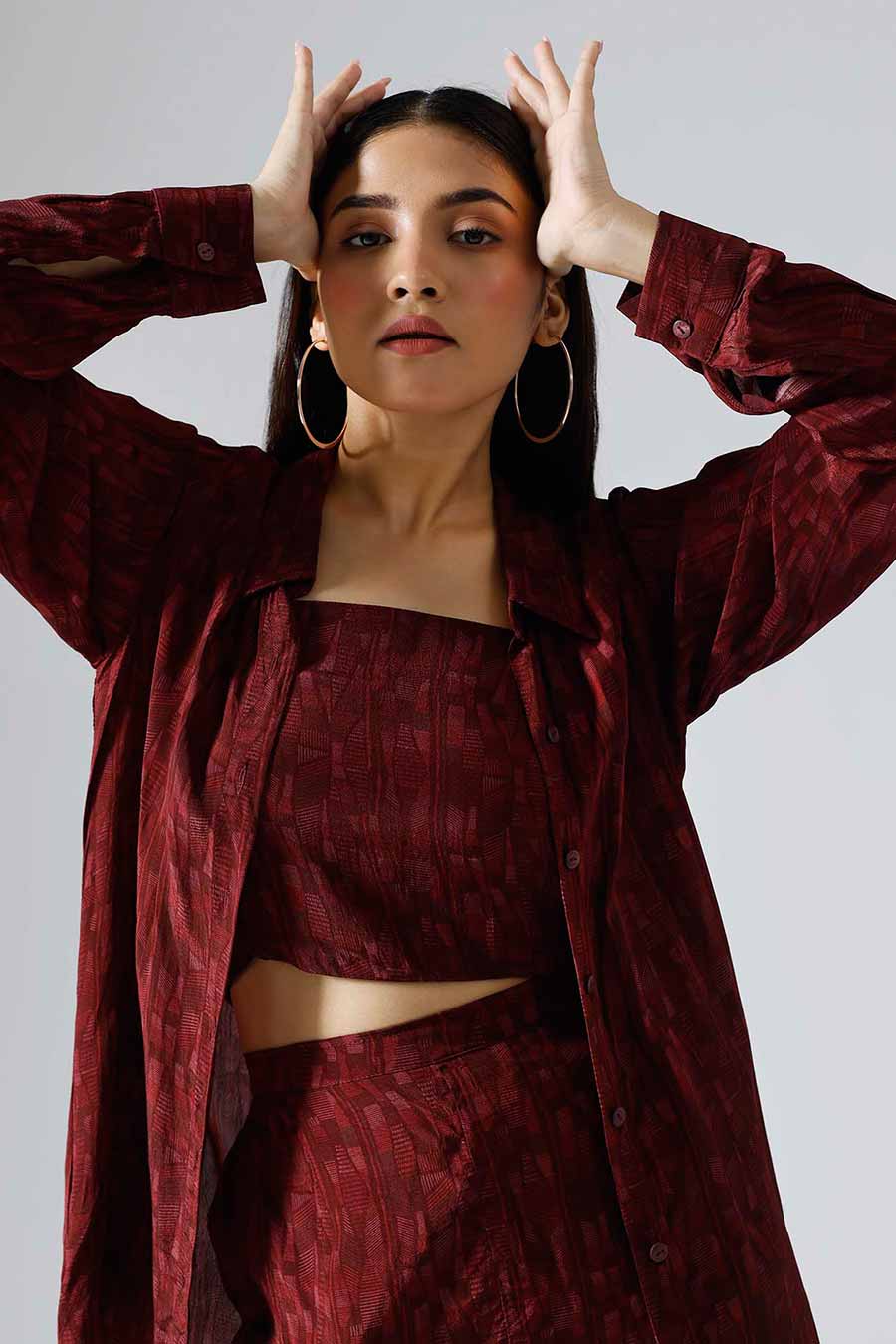 Red Printed Abstract Lines Shorts Set