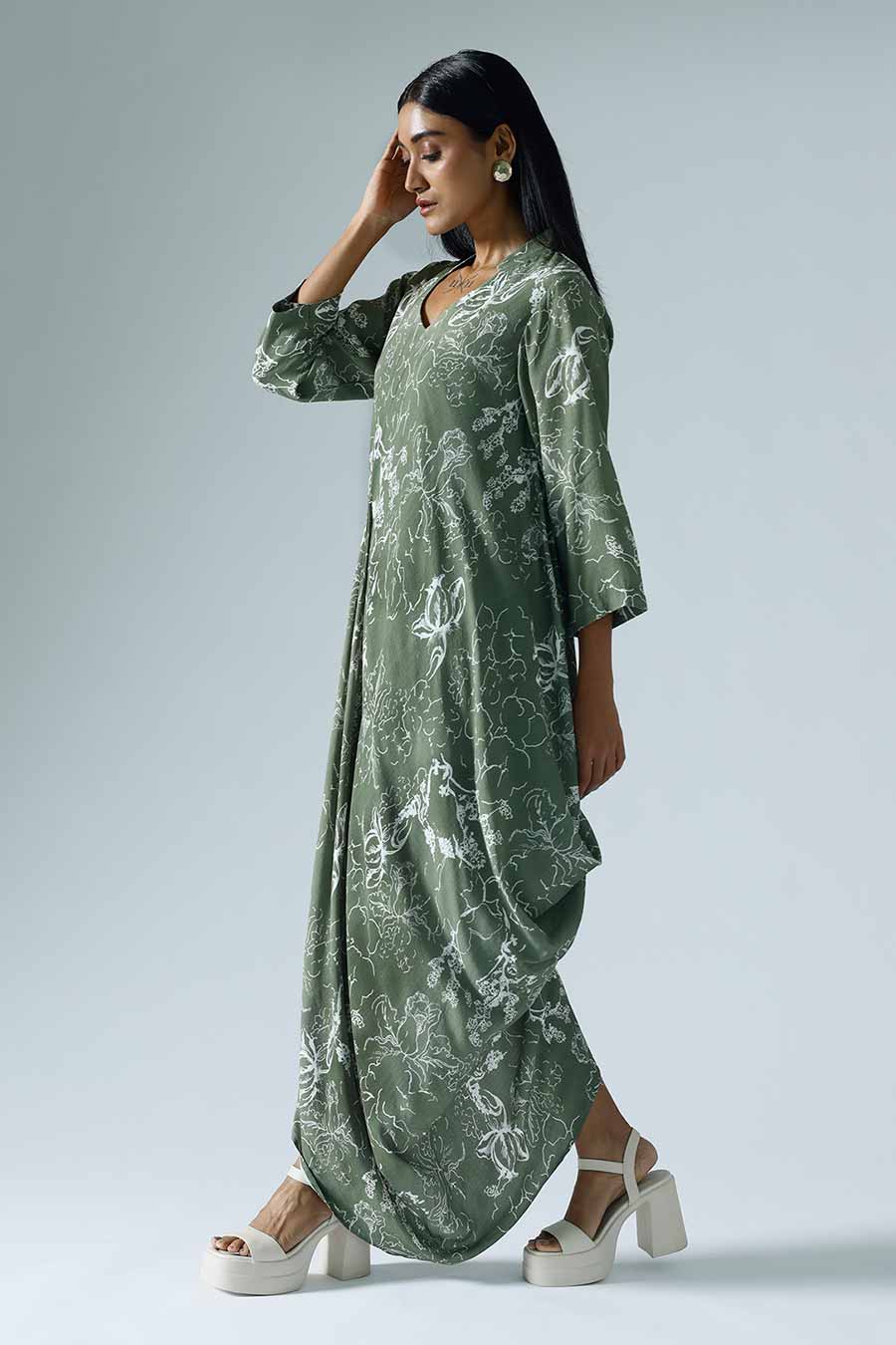 Green Printed Bloom Draped Dress