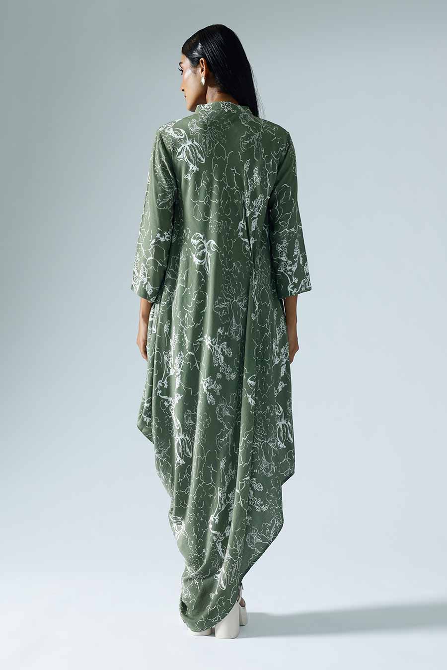 Green Printed Bloom Draped Dress