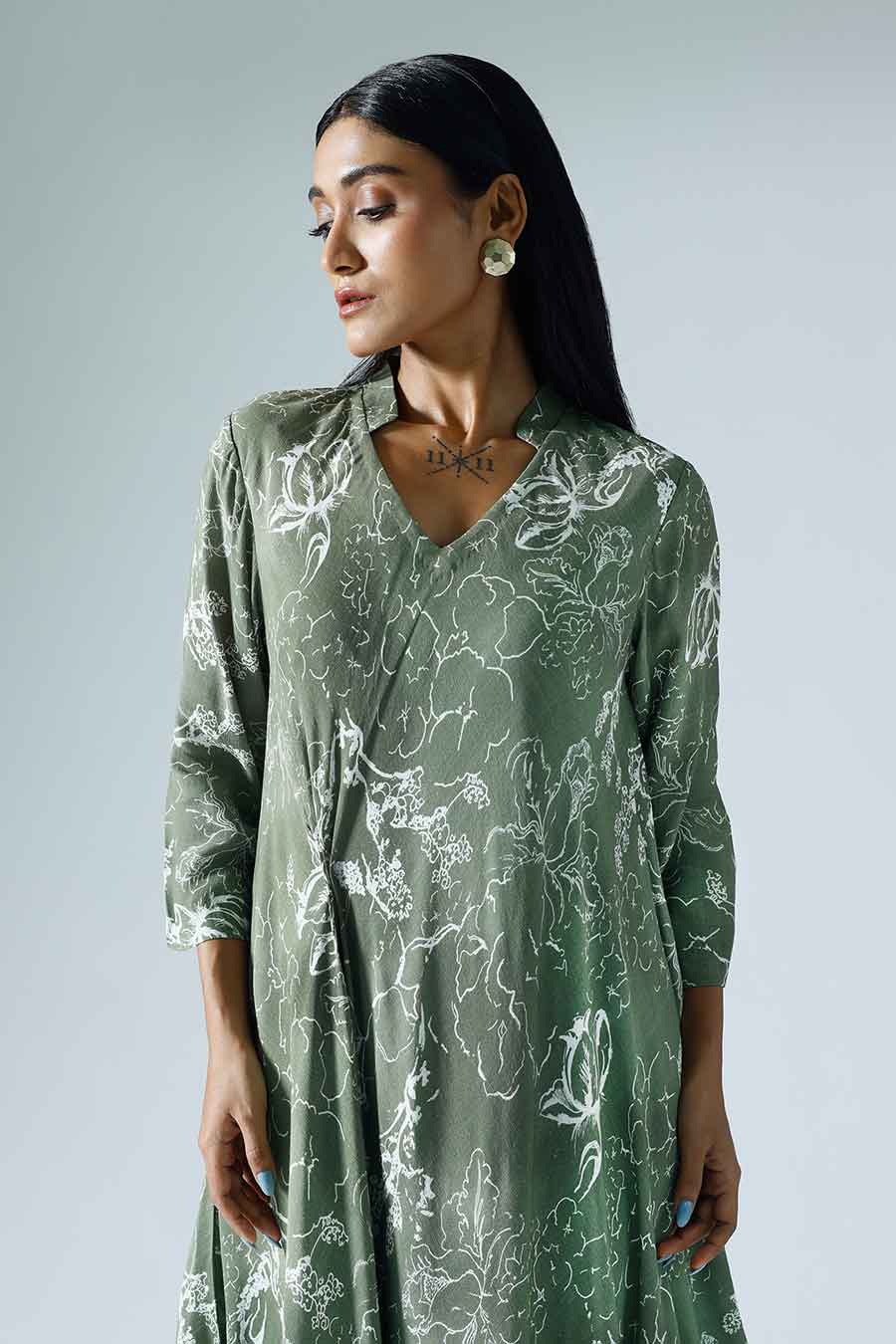 Green Printed Bloom Draped Dress