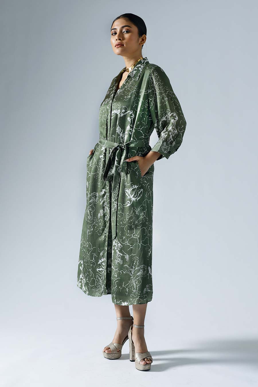 Green Printed Bloom Shirt Dress