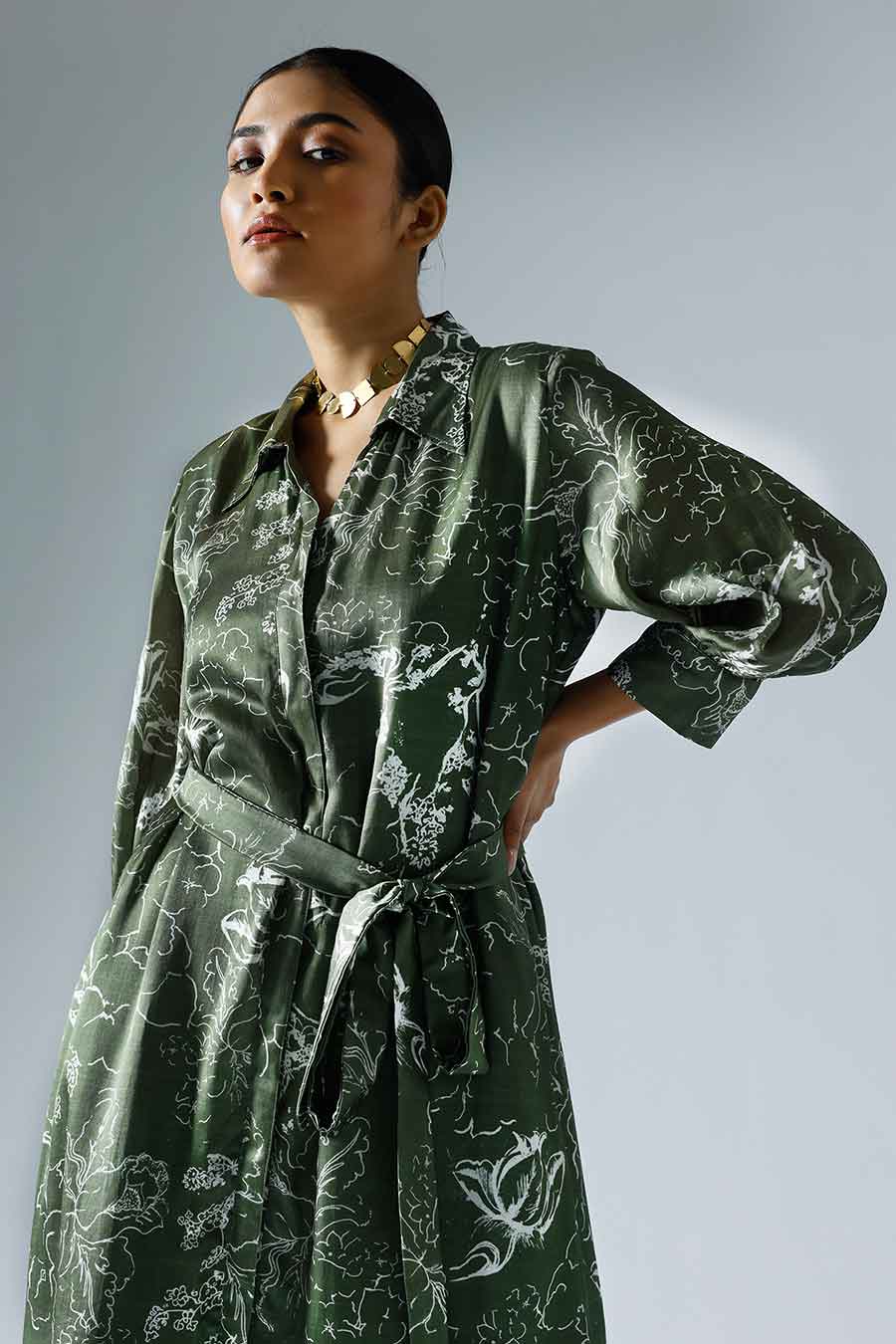 Green Printed Bloom Shirt Dress