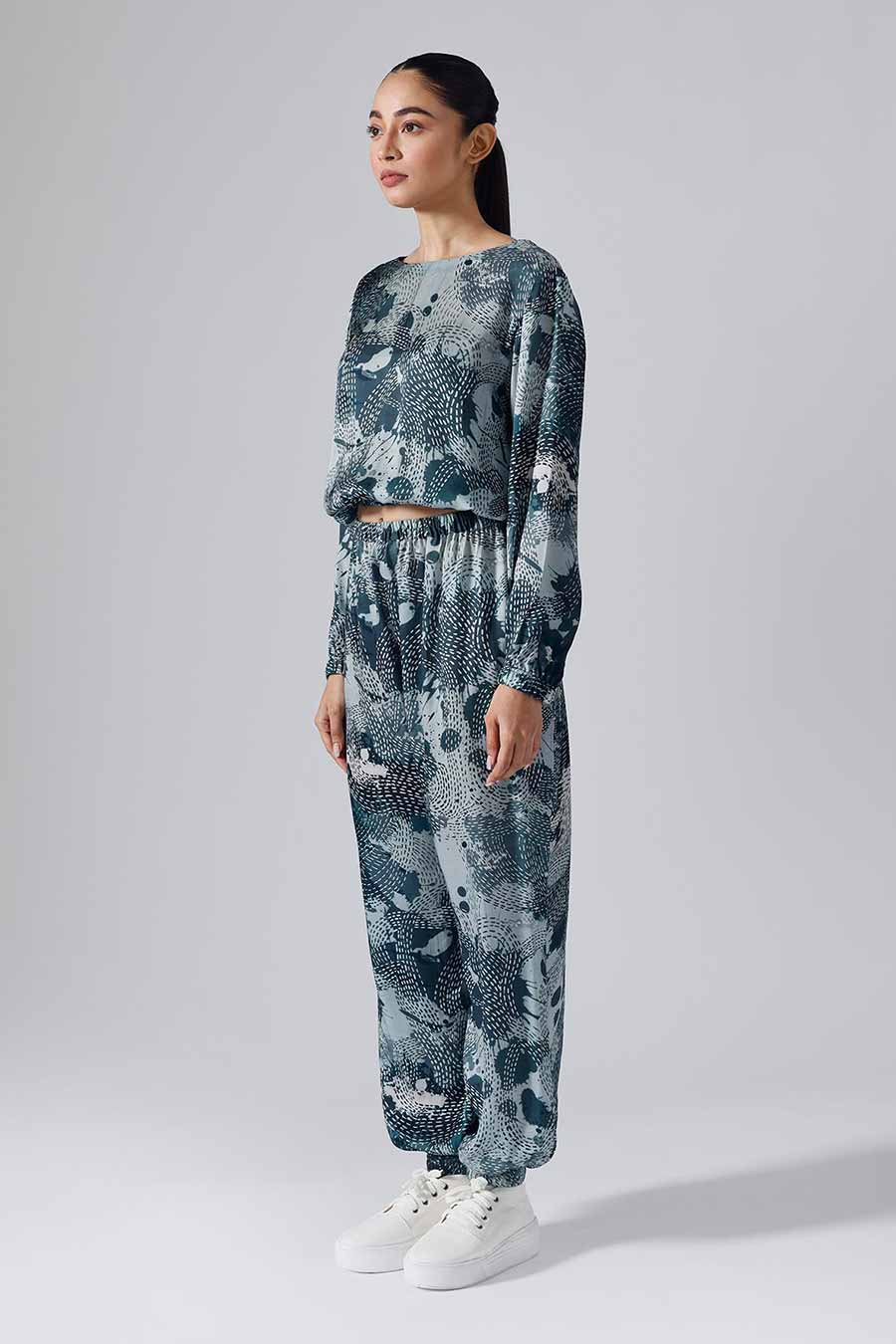 Teal Printed Dash Joggers Set
