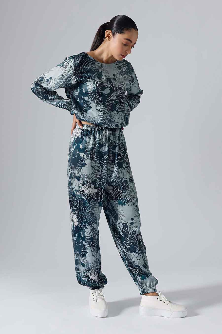 Teal Printed Dash Joggers Set