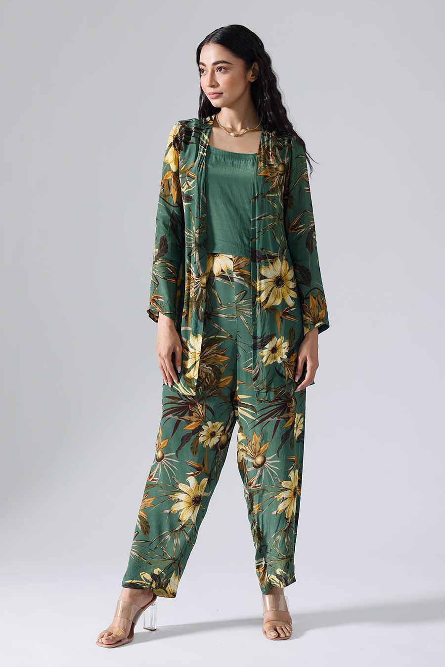 Green Printed Floral Jacket Co-ord Set