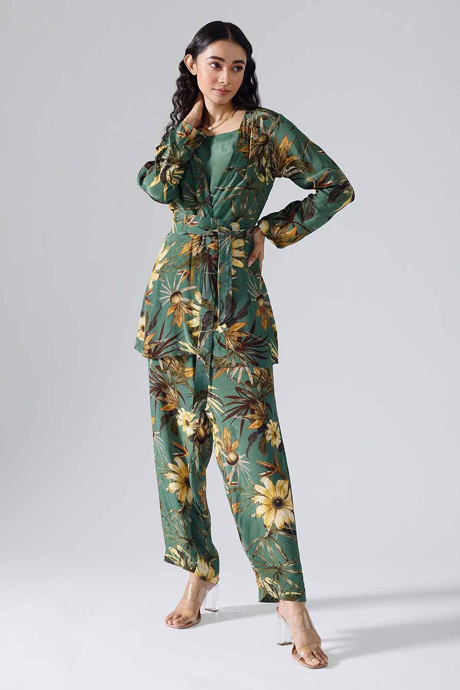 Green Printed Floral Jacket Co-ord Set