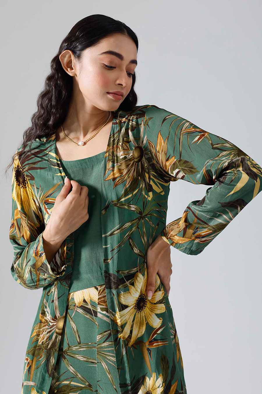 Green Printed Floral Jacket Co-ord Set