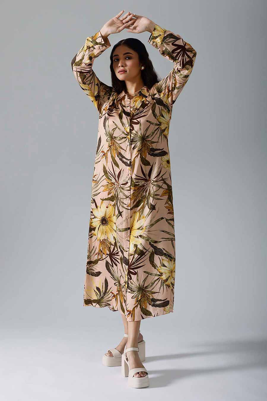 Peach Printed Floral Long Dress