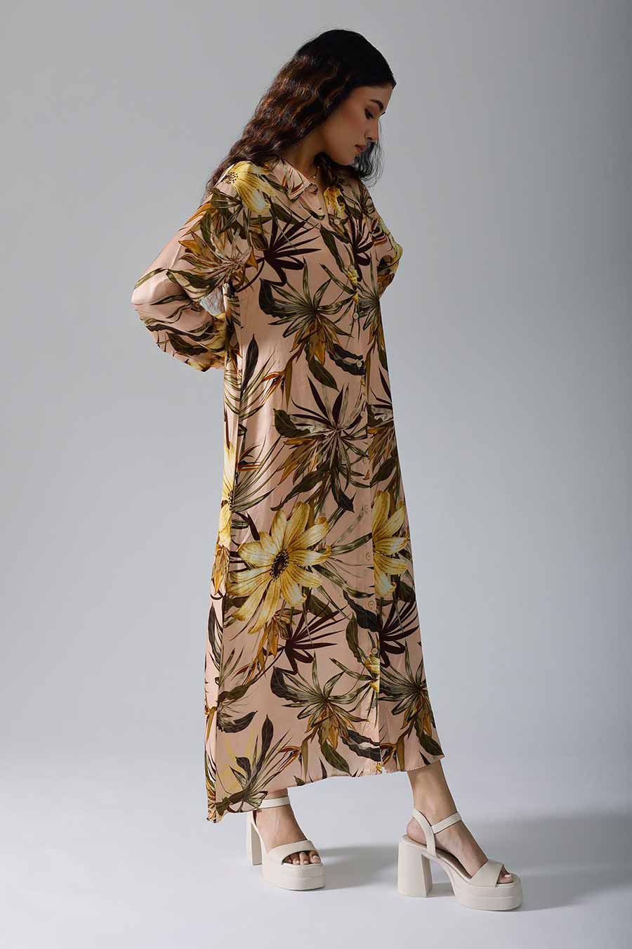 Peach Printed Floral Long Dress