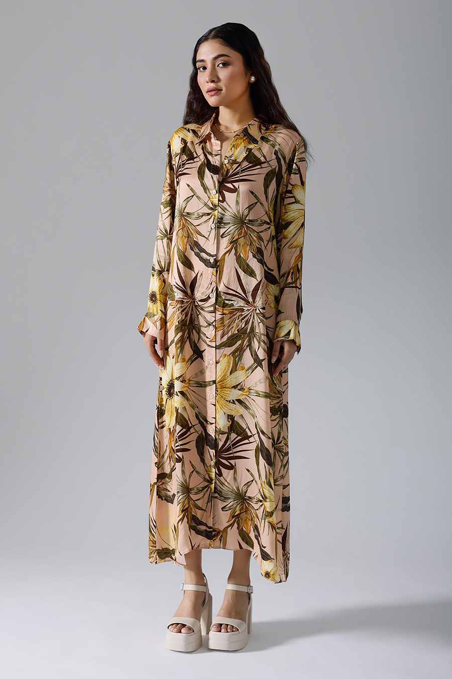 Peach Printed Floral Long Dress