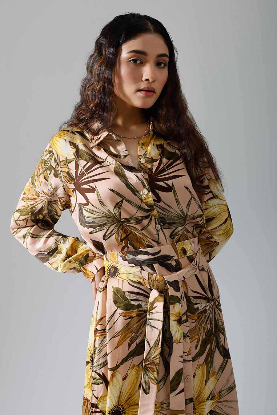 Peach Printed Floral Long Dress