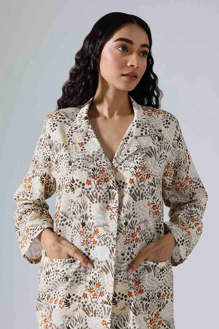 Ivory Printed Garden Blazer Shirt with Shorts Co-ord Set