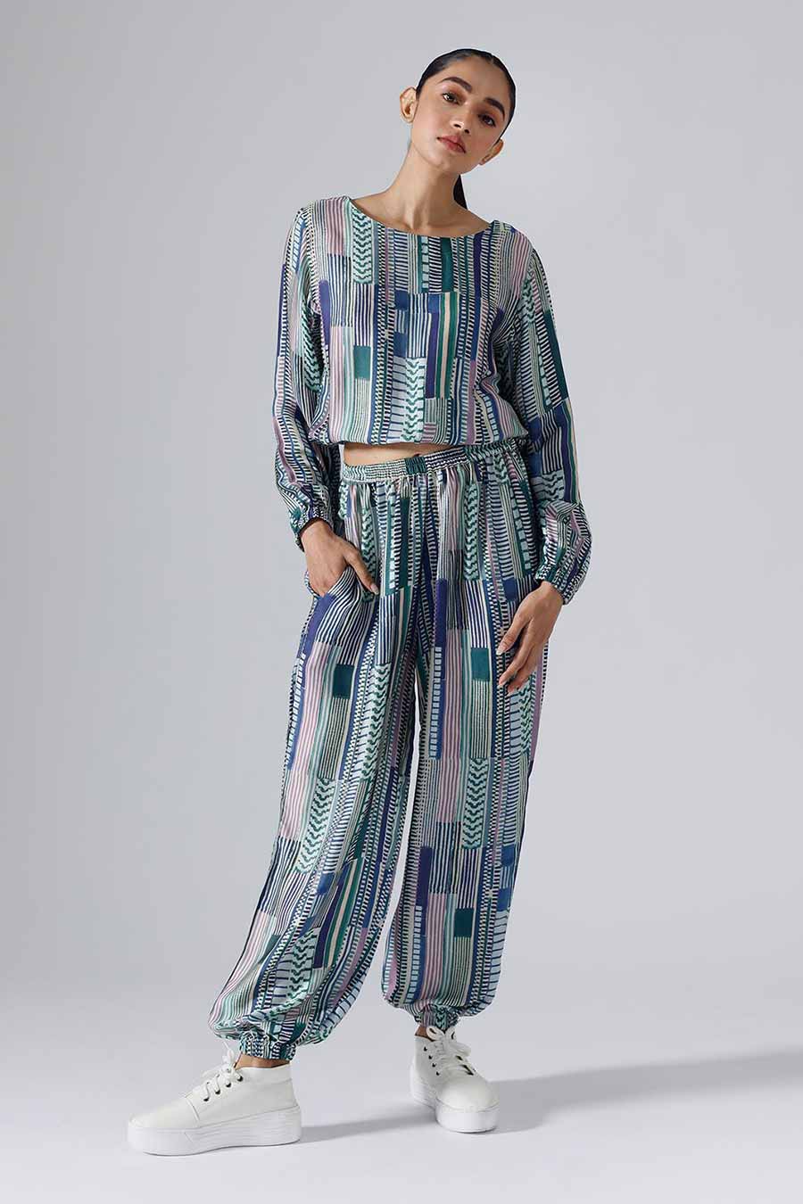 Blue Printed Geometric Joggers Set