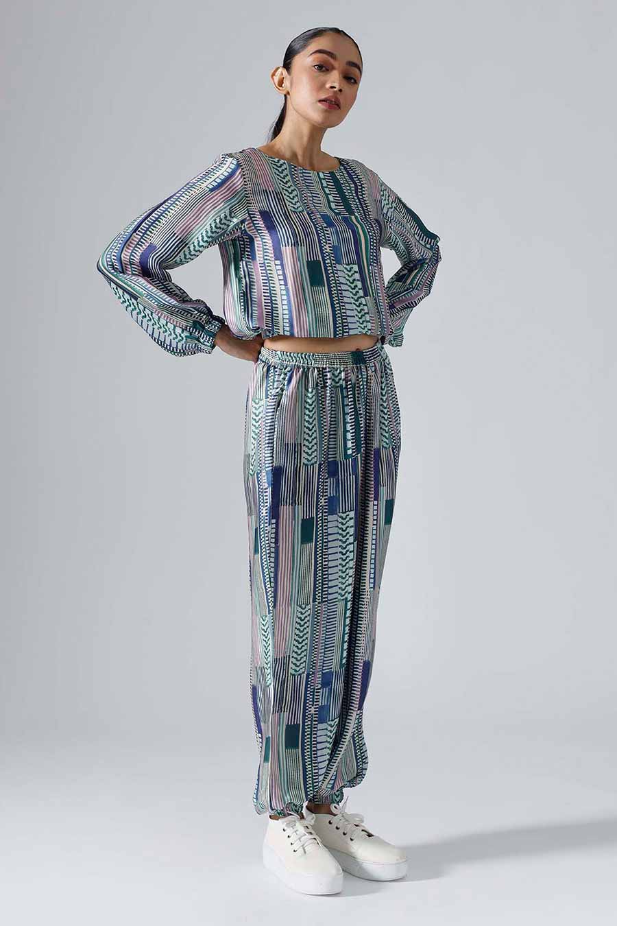 Blue Printed Geometric Joggers Set