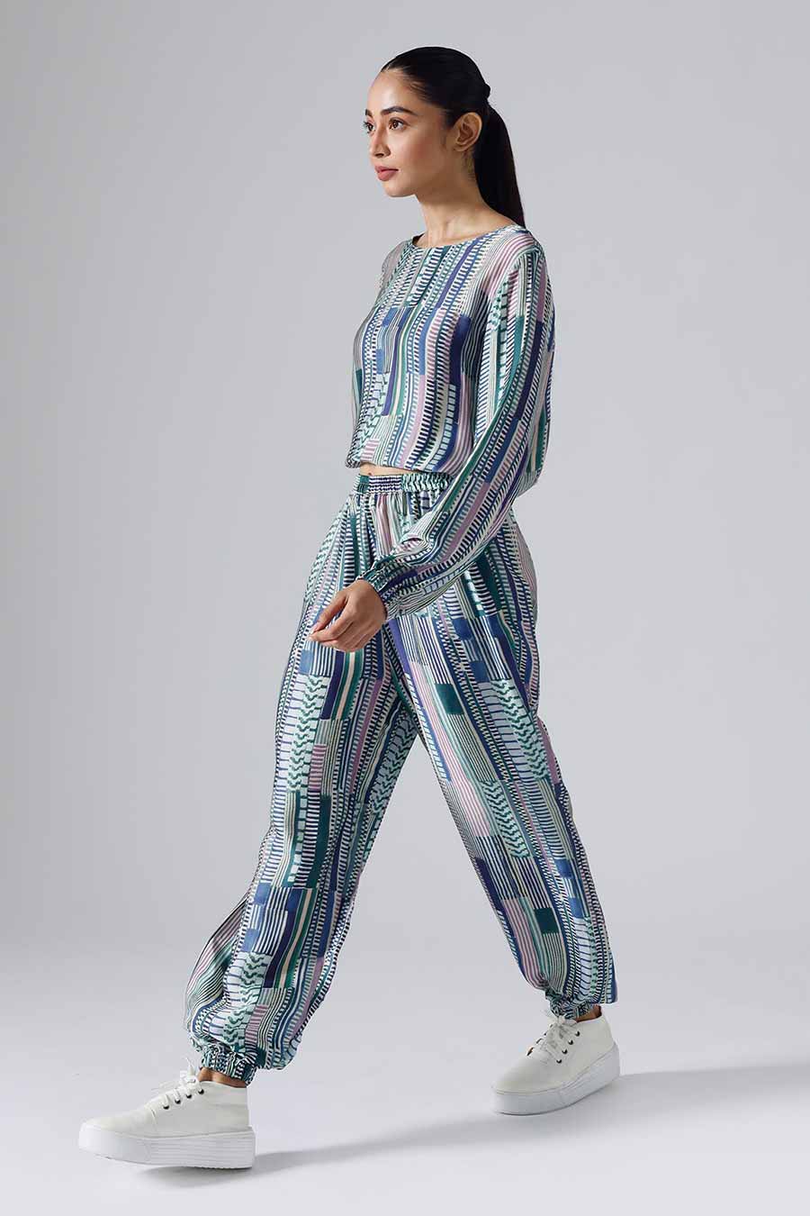 Blue Printed Geometric Joggers Set
