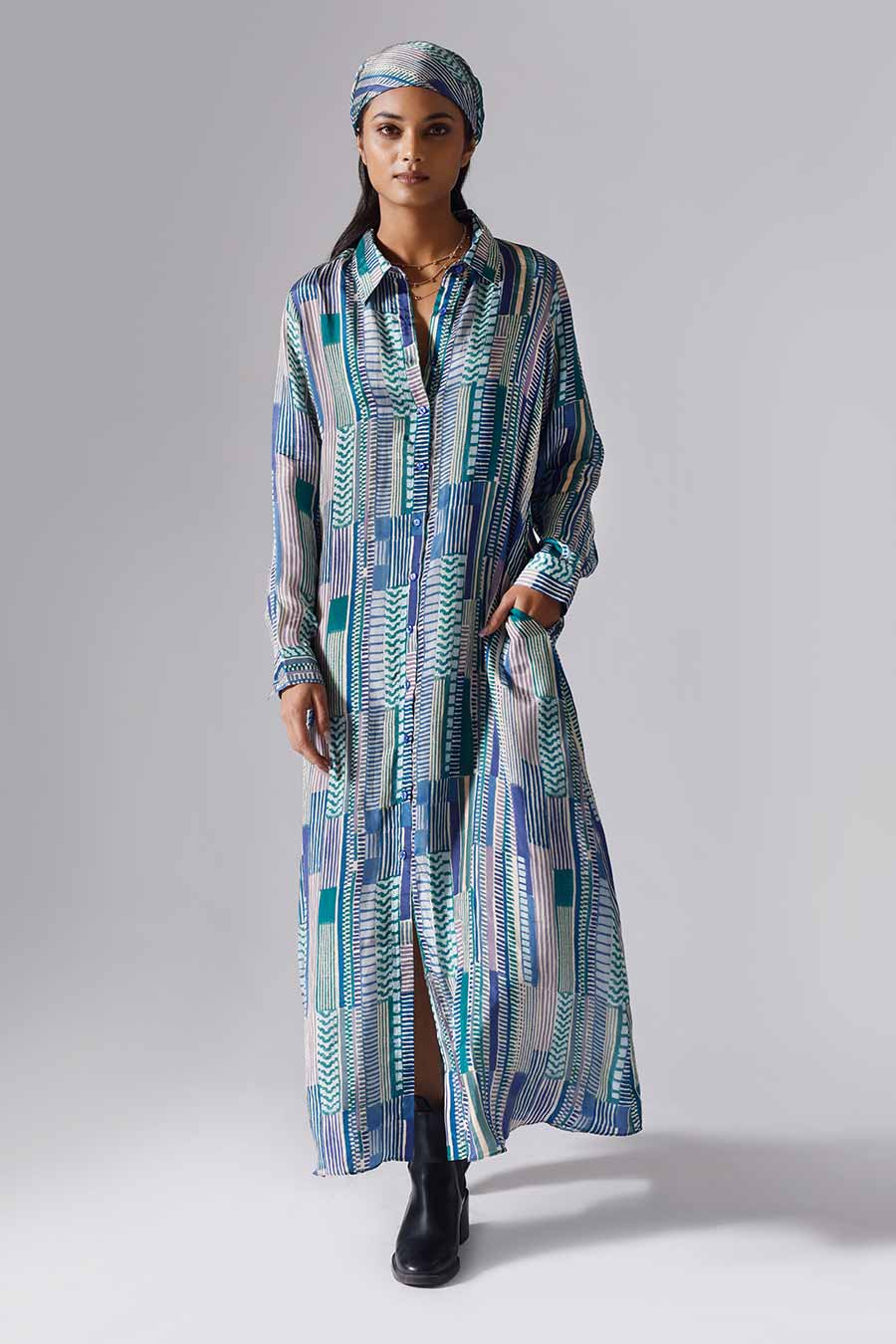 Blue Printed Geometry Long Dress
