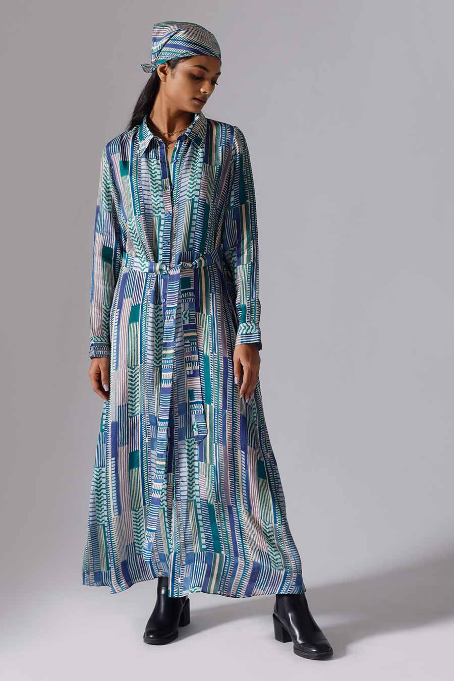 Blue Printed Geometry Long Dress