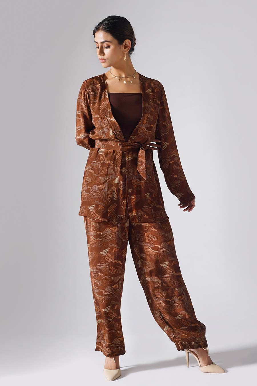 Brown Printed Lines Jacket Set