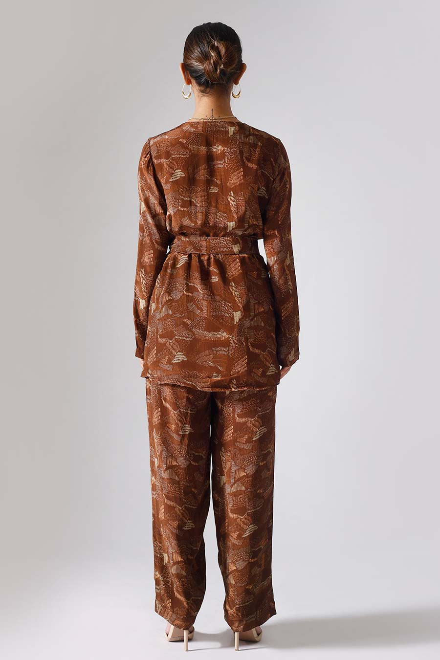 Brown Printed Lines Jacket Set