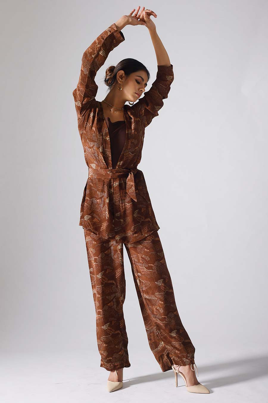 Brown Printed Lines Jacket Set