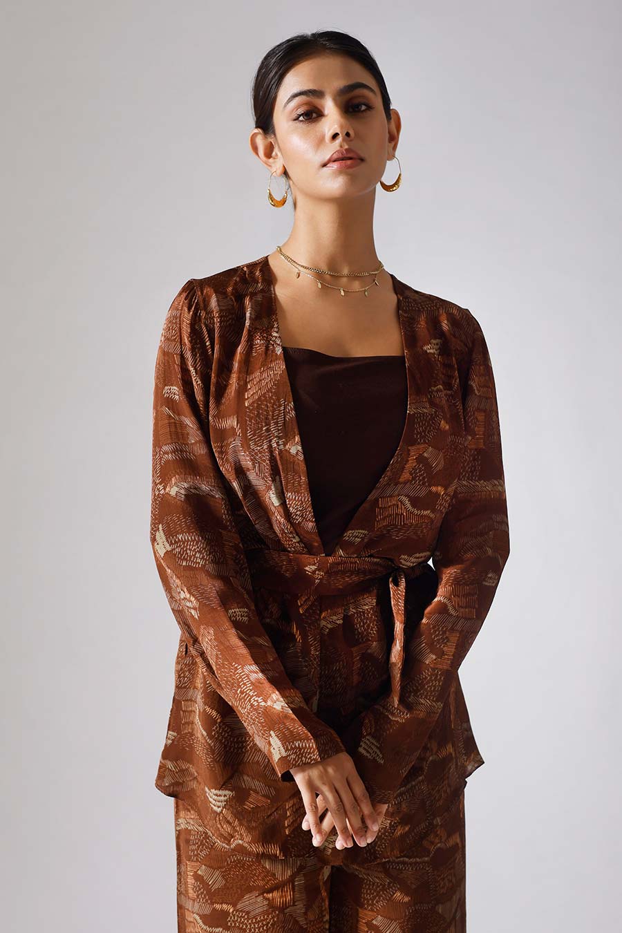 Brown Printed Lines Jacket Set