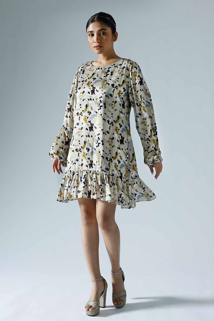 Grey Printed Pixelated Shift Dress