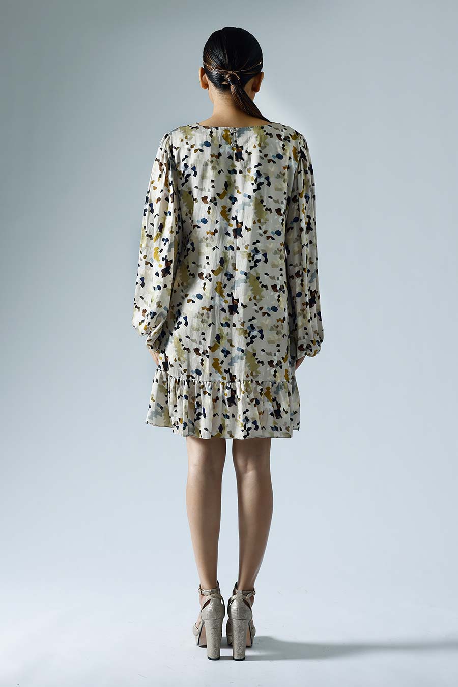Grey Printed Pixelated Shift Dress