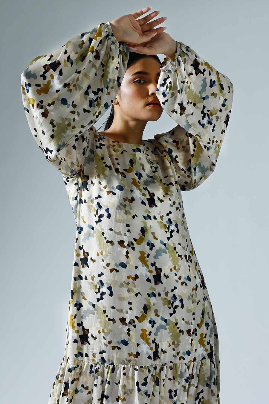 Grey Printed Pixelated Shift Dress