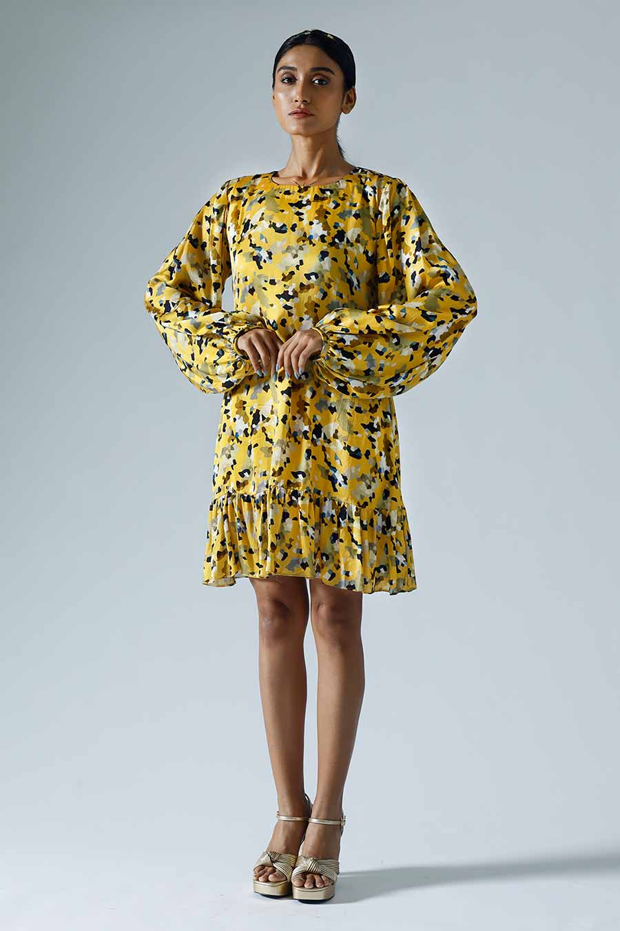 Yellow Printed Pixelated Shift Dress