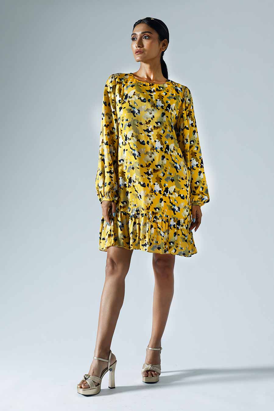 Yellow Printed Pixelated Shift Dress