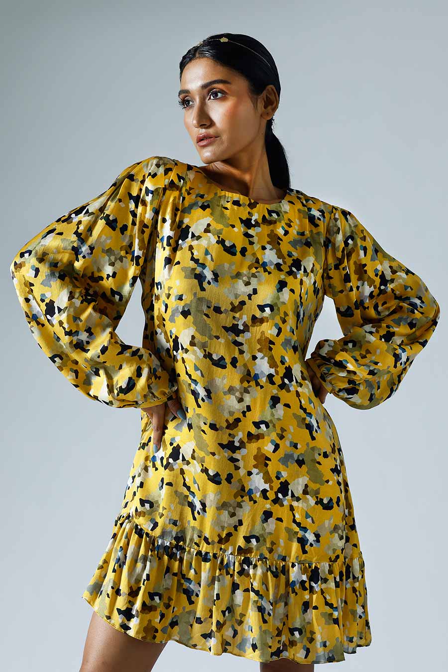 Yellow Printed Pixelated Shift Dress