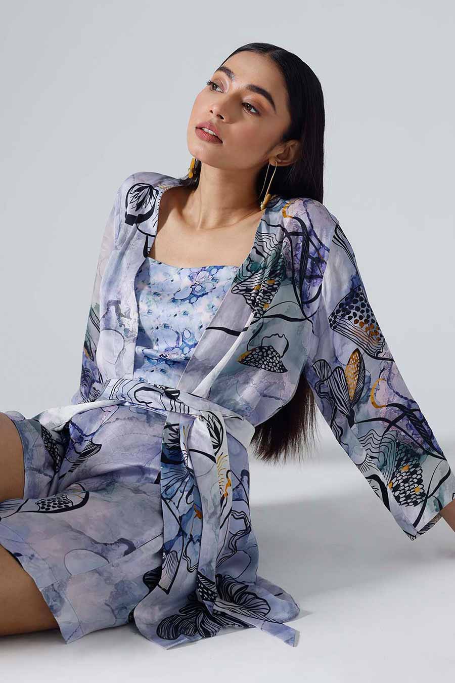 Marbled Blue Printed Reflect Jacket and Shorts Set