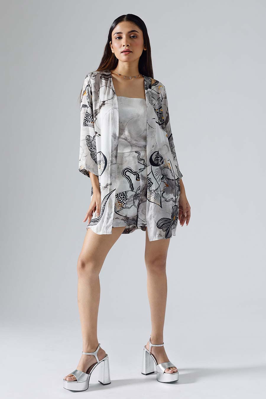 Black & White Printed Reflect Jacket and Shorts Set