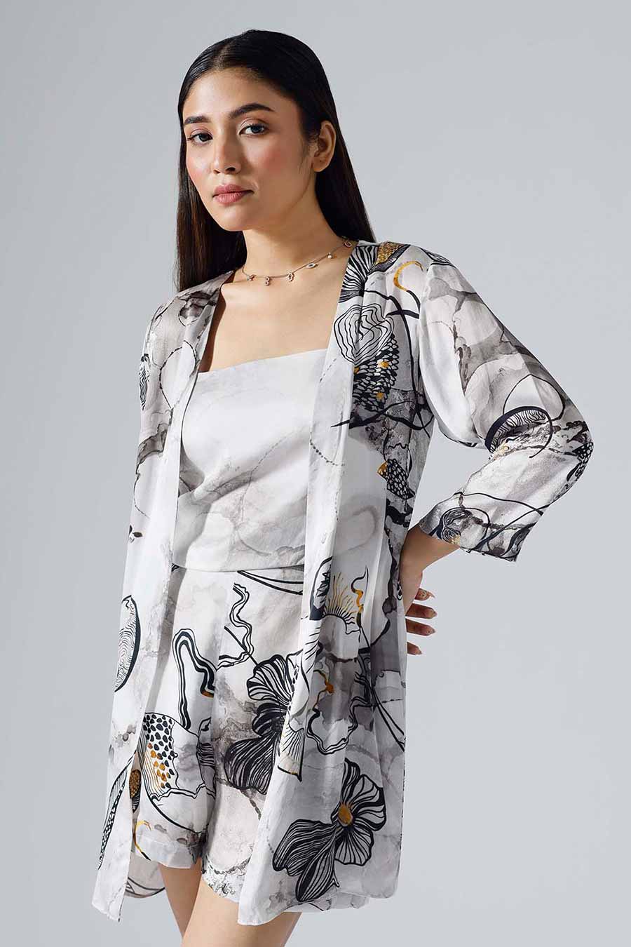 Black & White Printed Reflect Jacket and Shorts Set