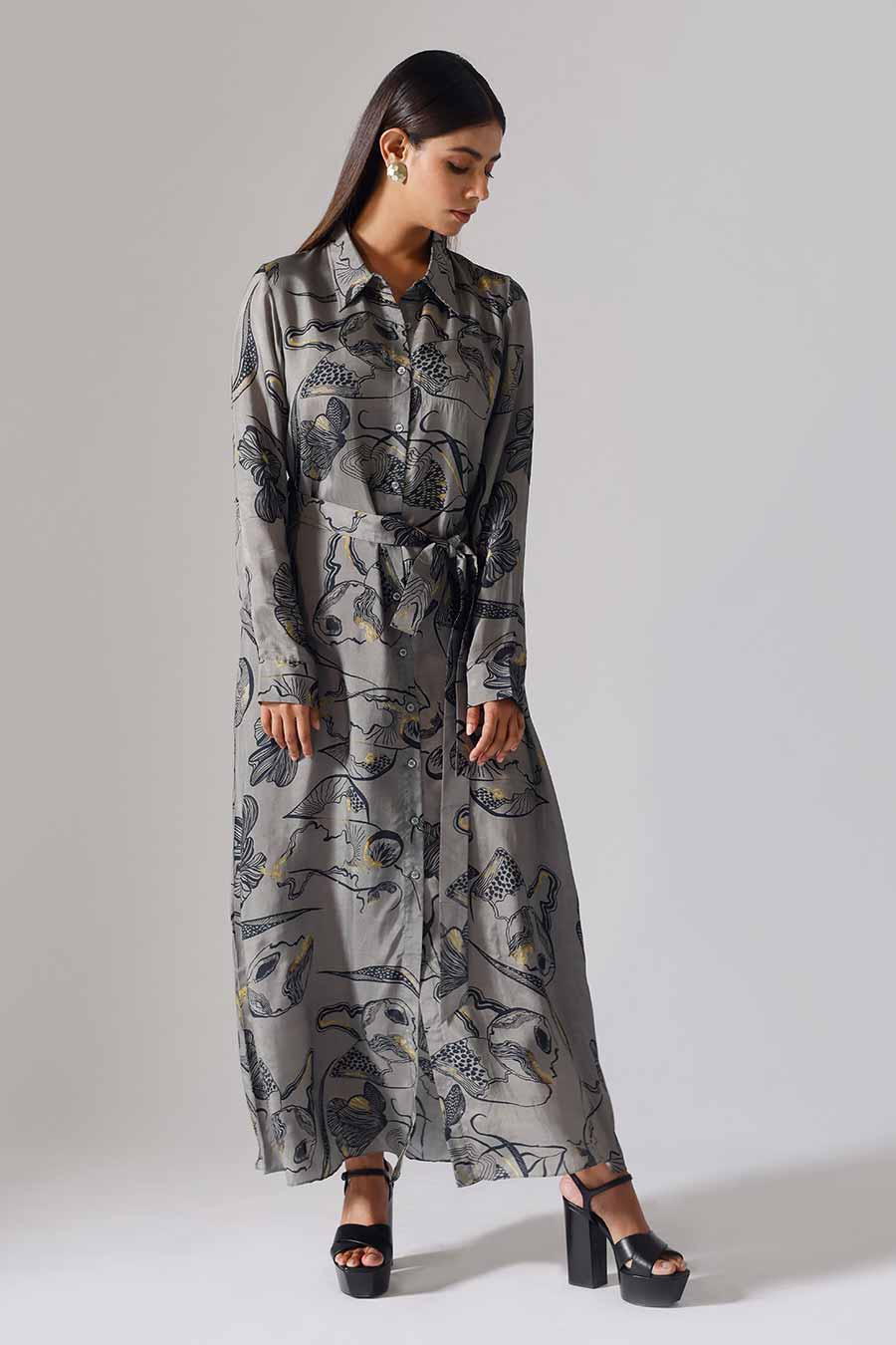 Dark Grey Printed Reflect Long Dress